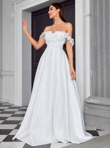 魔幻优雅露肩花卉贴花拼接缎面长款新娘礼服，适合情人节、春季等场合，白色 - 白色 - 查看 3