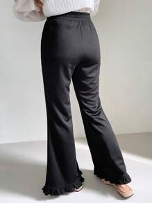 FRIFUL Women's Solid Color Toothpick Slim Fit Flare Pants With Ruffled Hem