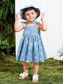 SHEIN Baby Girl Summer Holiday Flower Patterned 3pcs Set - Cami Dress, Shorts, And Hat - Blue - View 6
