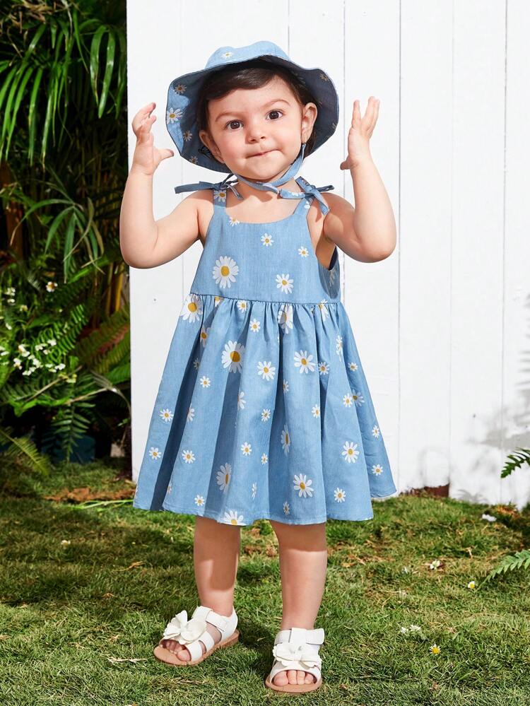 Baby Girl Summer Holiday Flower Patterned 3pcs Set - Cami Dress, Shorts, And Hat