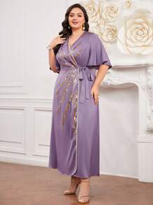 Modelyn Kích thước lớn Kim sa Vá lại Tay áo hình bướm Bọc & Buộc Váy Ả Rập - Bụi tím - Xem 4