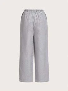 SHEIN EZwear 女性腰帶條紋寬腿褲 - 灰色 - 查看 2