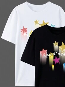 Manfinity Hypemode Männer Stern & Buchstabe Gedrucktes Rundhals T-shirt - Schwarz und Weiss - Übersicht 3