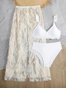 Teen Girls Ruffle Trim Bikini Set With Beach Skirt Summer Beach - White - View 4