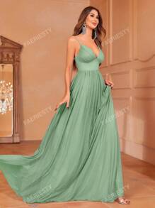 Faeriesty Solid Plunging Neck Sleeveless Cami Dress Elegant Bridesmaid Dress