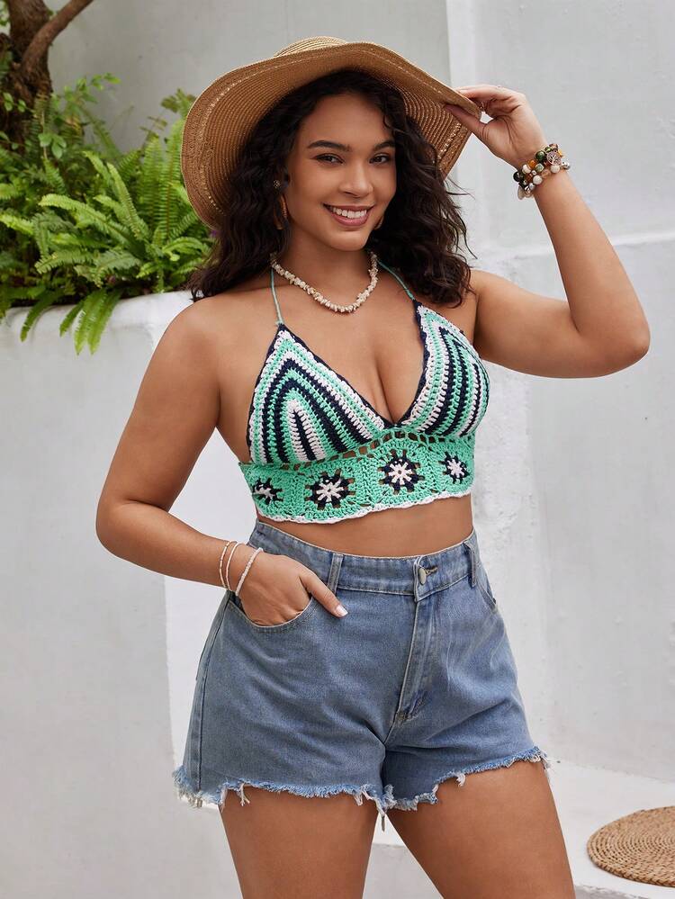 Plus Size Women's Short Knit Top With Vacation Style For Summer