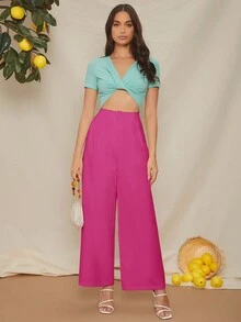 SHEIN VCAY Ladies' Stylish Solid Color Straight Pants - Hot Pink - View 4