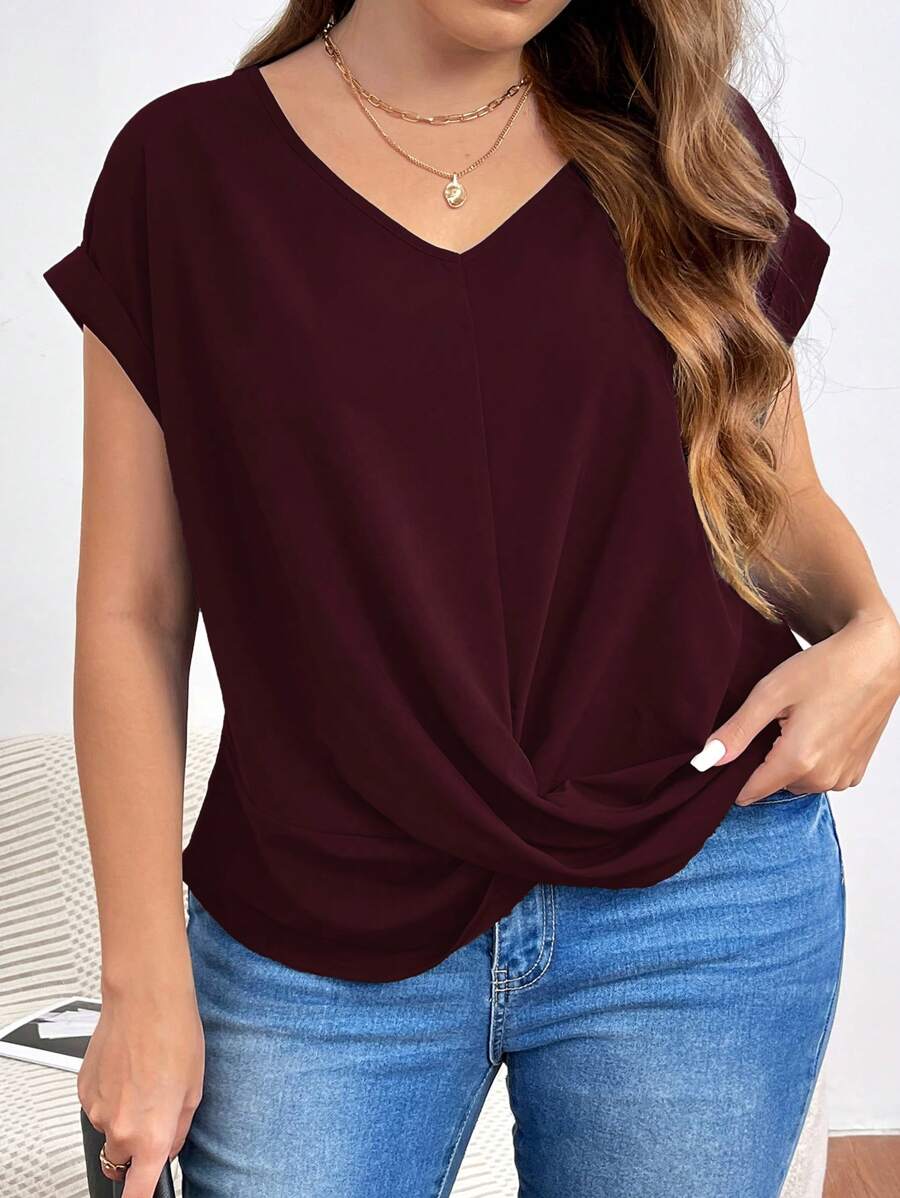 SHEIN Frenchy Plus Size Women's Twist Knot Hem Batwing Short Sleeve V Neck Blouse - Burgundy - View 1