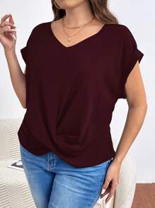 SHEIN Frenchy Plus Size Women's Twist Knot Hem Batwing Short Sleeve V Neck Blouse - Burgundy - View 5