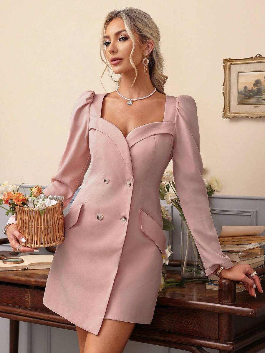 GENKIRA Women's Elegant Pink Button Decor Long Sleeve Dress - Pink - View 1