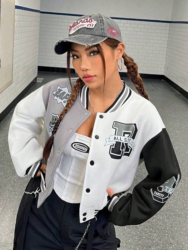 Coolane Letter Graphic Colorblock Drop Shoulder Striped Trim Drop Shoulder Varsity Jacket