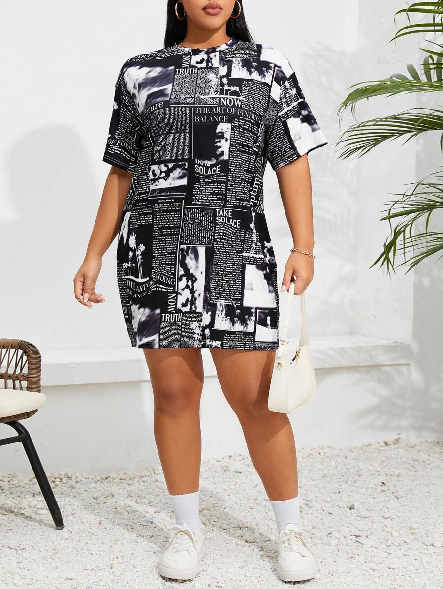 SHEIN EZwear Kích thước lớn Giải trí Ngắn tay Vòng cổ Váy chữ A Với In Báo - Đen và trắng - Xem 1