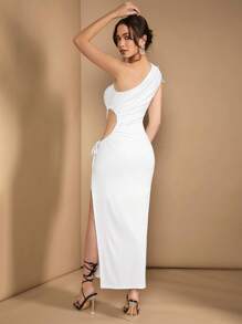 SHEIN BAE Vestido branco longo elegante e formal com um ombro só, com malha aberta, fenda alta e elegante. Vestido de formatura branco,longo, de praia e de baile. - Branco - Visão 2