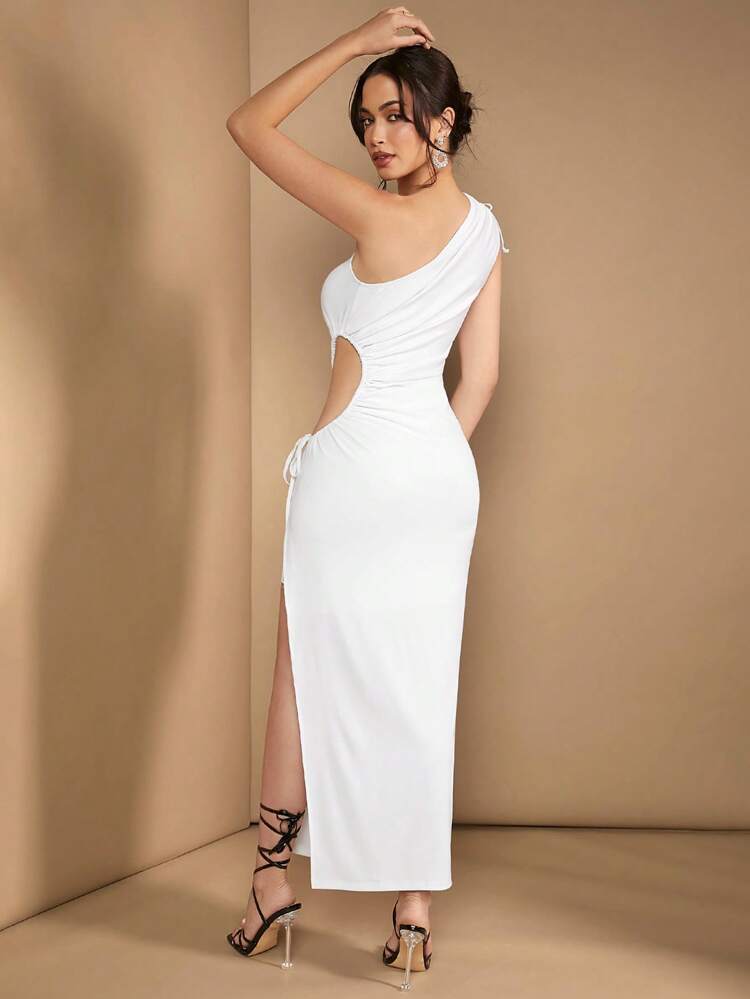 One-Shoulder Hollow Knitted High Slit White Elegant Long Formal Dress, White Prom Dress, Long Beach Dress,Dresses Graduation,Graduation White Dress