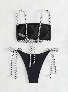 SHEIN Swim Bộ bikini dệt kim đen trắng trang trí bên hông Trang phục đi biển mùa hè - Đen và trắng - Xem 5