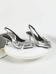女士高跟銀色涼鞋，帶有蝴蝶結鑲嵌鑽石，適合月末派對、結婚禮禮服瑪麗珍鞋款 - 銀色 - 查看 4