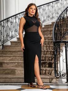 Celure Plus Size Mesh Contrast Zijsplit Mouwloze Jurk