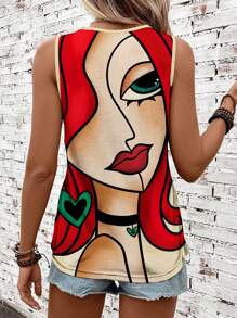 EMERY ROSE Women's Summer Vacation Printed Tank Top With Face Print - White - View 2