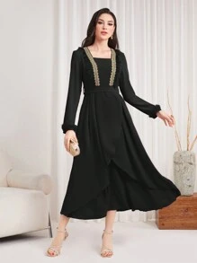 Modelyn Patchwork Lace Trims & Ribbon Detail Square Neckline Belted Dress - Black - View 3