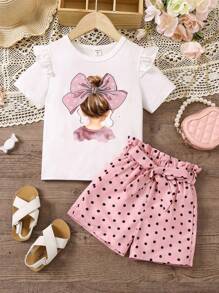 SHEIN Young Girl Cartoon Print Flutter Sleeve Top + Polka Dot Print Shorts + Belted 2pcs/Set, Fashionable And Adorable For Spring/Summer