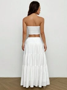 Conjunto de top de bandeau tejido y falda larga ajustada para mujer, con falda blanca de bandeau con volantes, fruncida y con capas, para uso casual diario en primavera/verano