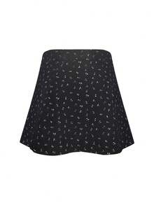 复古华夫格纹高腰碎花半身裙，秋季女装 - 黑色 - 查看 9