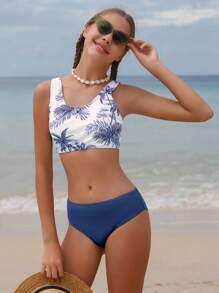 Conjunto de bikini sin aros con estampado de árbol de coco para chica adolescente, para playa de verano