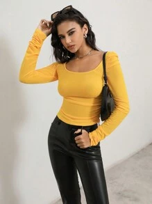 Chiquease Của phụ nữ Thon gọn Vòng cổ Tay áo dài Áo thun Với Xếp - gừng - Xem 6