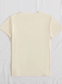 SHEIN Qutie 大尺碼女性夏季可愛休閒鵝圖形和字母印花短袖t卹,圓領設計 - 杏色 - 查看 2