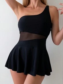 Swim Basics Women's Solid Color Mesh Splice Asymmetrical Neckline See-Through Ruffle Tankini Top And Swim Bottom , Perfect For Summer, Beach And Pool,Summer Beach - Black - View 3