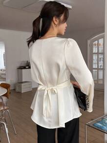 DAZY Áo cánh cổ xếp ly màu trơn dành cho nữ, phong cách công sở thường ngày, tay dài - Màu be - Xem 6