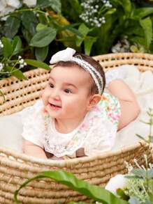 SHEIN 2pcs Baby Girl Casual Wear, Cute & Fun Bear Embroidery, Lace Trim Outfits For Spring/Summer Outing - Multicolor - View 3