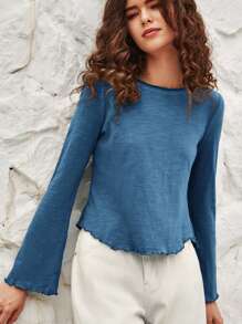 Bohemela Women's Solid Color Round Neck Bell Sleeves T-Shirt With Ruffle Hem