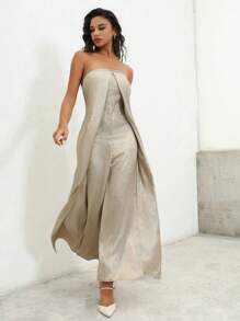 Anewsta 光澤廣腿無肩帶連體褲 - 金色 - 查看 1