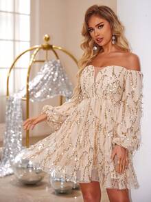 Joyfunear Women's Fringe & Sequin Off-Shoulder Long Sleeve Formal Dress, Suitable For Spring, Summer, Autumn, Winter Party Wedding - Champagne - View 5