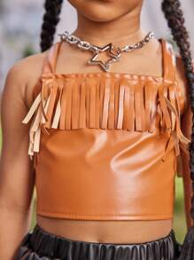SHEIN Young Girl Music Festival 2pcs/Set Pu Fringe Camisole Top And Pu Skirt Suit, Suitable For Daily Party Performance, Summer