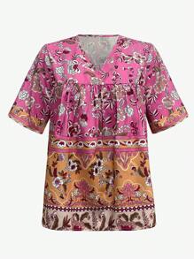 SHEIN LUNE Camiseta De Verano Con Cuello En V De Manga Corta Y Estampado Integral Para Mujer