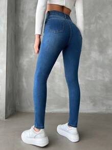SHEIN Cottnline Jeans de denim con bolsillos con diseño de bigote de gato para mujer - Azul - Ver 2
