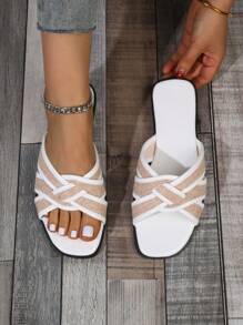 時尚舒適的女士方頭涼鞋,米色捆綁扣組合,無後跟,適合休閒穿著 - 米色 - 查看 2