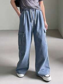 FRIFUL 女士時尚鬆身直腳彈性腰牛仔褲,適合休閒穿著 - 藍色 - 查看 1