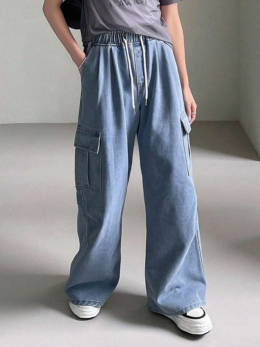 FRIFUL 女士時尚鬆身直腳彈性腰牛仔褲,適合休閒穿著 - 藍色 - 查看 1