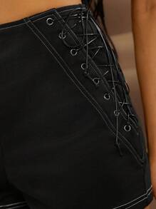 Hauture Lace Up Side Contrast Stitch Casual Shorts - Black - View 3