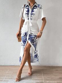 SHEIN Unity Vestido Plisado Con Botones Y Manga Corta Con Estampado De Guisantes - Azul y blanco - View 6
