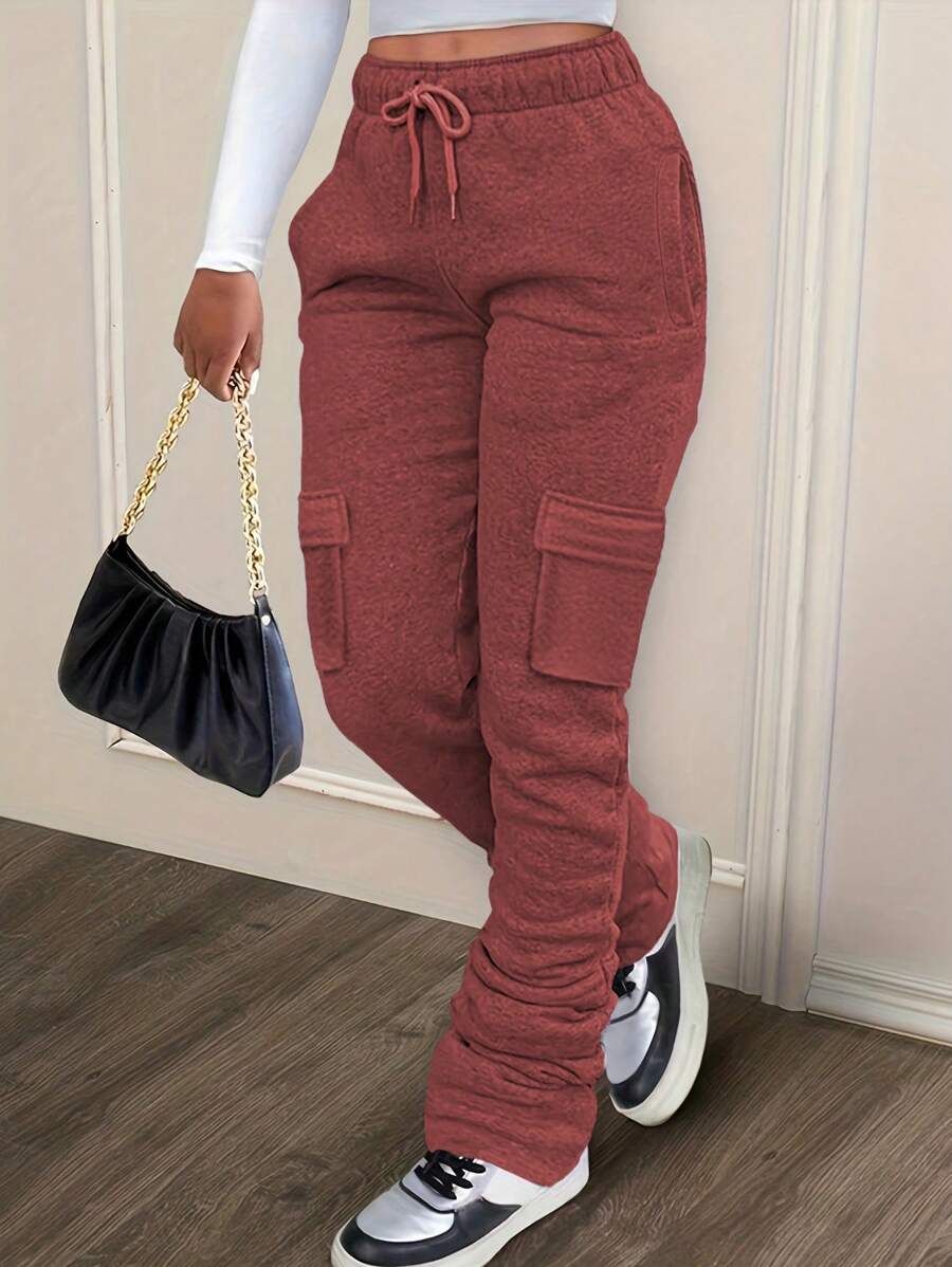 SHEIN LUNE 束口腰帶翻轉口袋運動褲 - 乾枯玫瑰色 - 查看 1