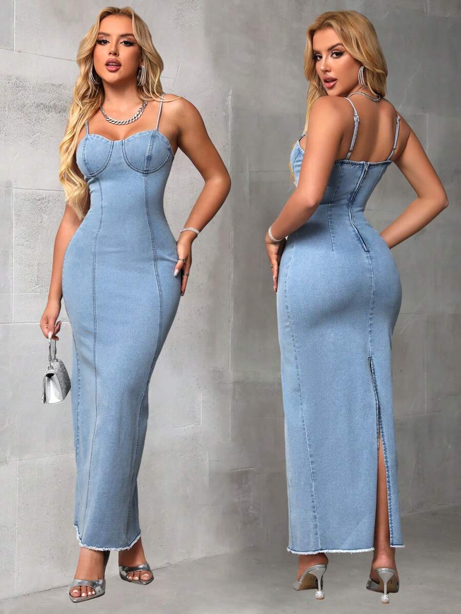 SHEIN SXY Vestido De Mezclilla Sin Mangas Con Borde Deshilachado Y Tirantes Finos De Un Solo Color