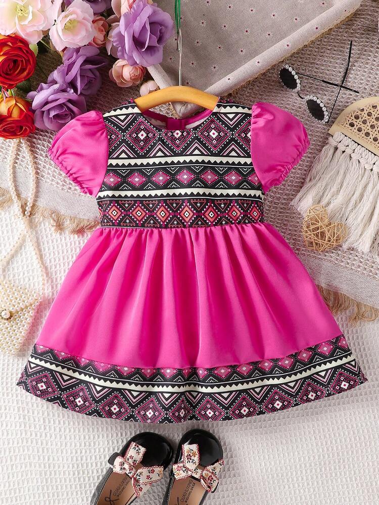 Baby Girl Fashionable Vintage Geometric Print Patchwork Bubble Sleeve Dress For Summer