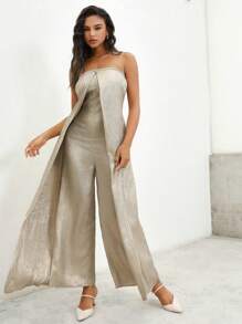 Anewsta 光澤廣腿無肩帶連體褲 - 金色 - 查看 3