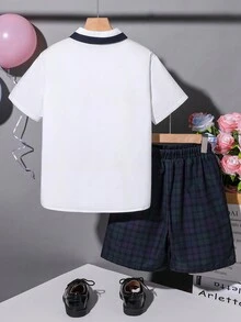SHEIN 2 Cái/bộ Tween Boy Loose Fit Áo Sơ Mi Cổ Bẻ Thanh Lịch Và Quần Short Ca Rô Trang Phục Quý Ông - trắng - Xem 2