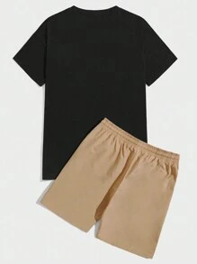 Manfinity EMRG Heren gebreide getailleerde stijl beer bedrukt korte mouwen T-shirt en geweven shorts set, uitgaan, grappig, vrienden heren straatkleding heren grafische T-shirts