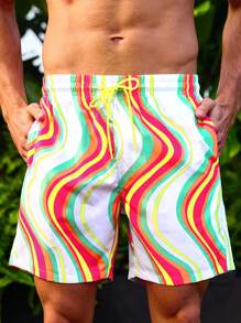 Manfinity Men's Wave And Stripe Patterned Beach Vacation Shorts